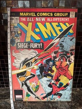Marvel X-Men Wooden Comic Cover - Bold Red, Yellow, Blue Palette. 13x19.5